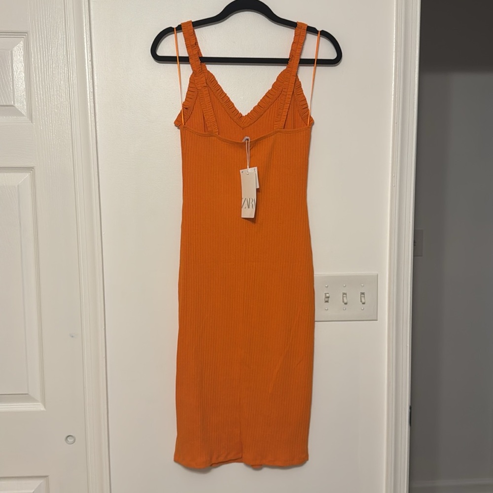 Zara Bright Orange Ribbed Textured Ruffle Dress - Picture 4 of 11